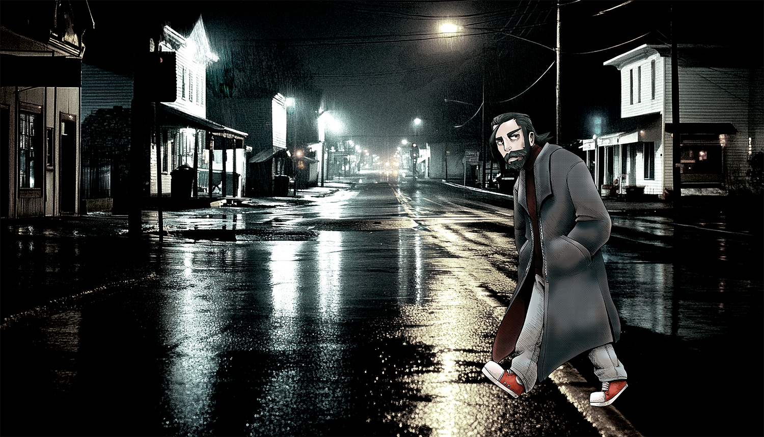 Rainy town scene
